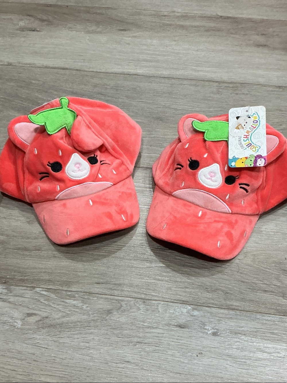 Squishmallows Coral Pink Strawberry Plush Kids Hat with Green Leaf